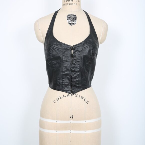 Vintage Black Leather Halter Top Stagecoach Biker Motorcycle Festival Concert - Picture 2 of 6